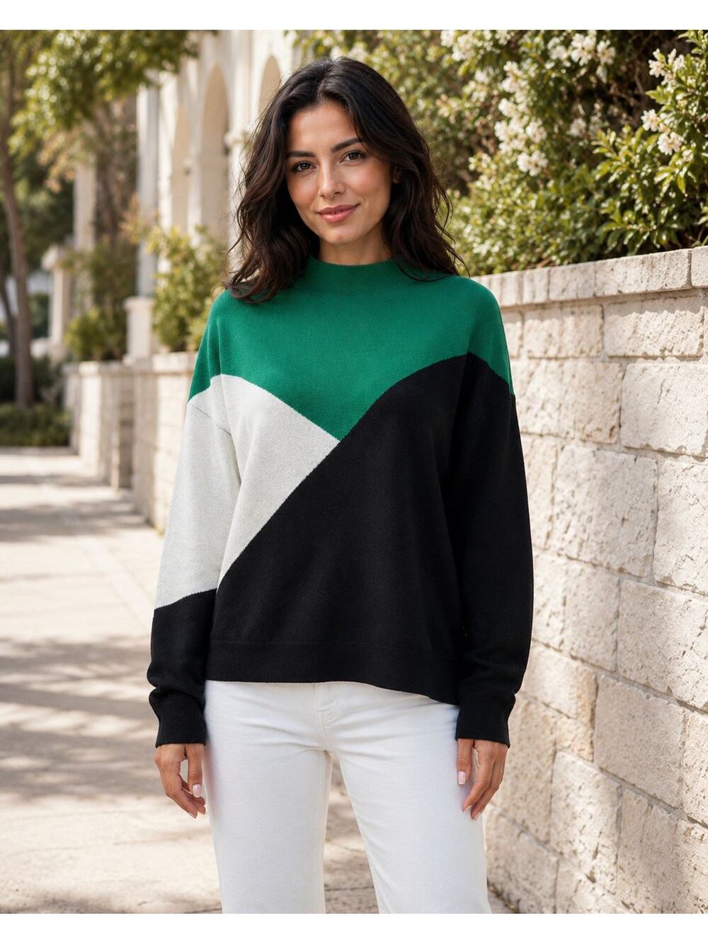 TAHARI Colorblock Sweater Women's Large Green Black Ivory Mock Neck Knit Top L